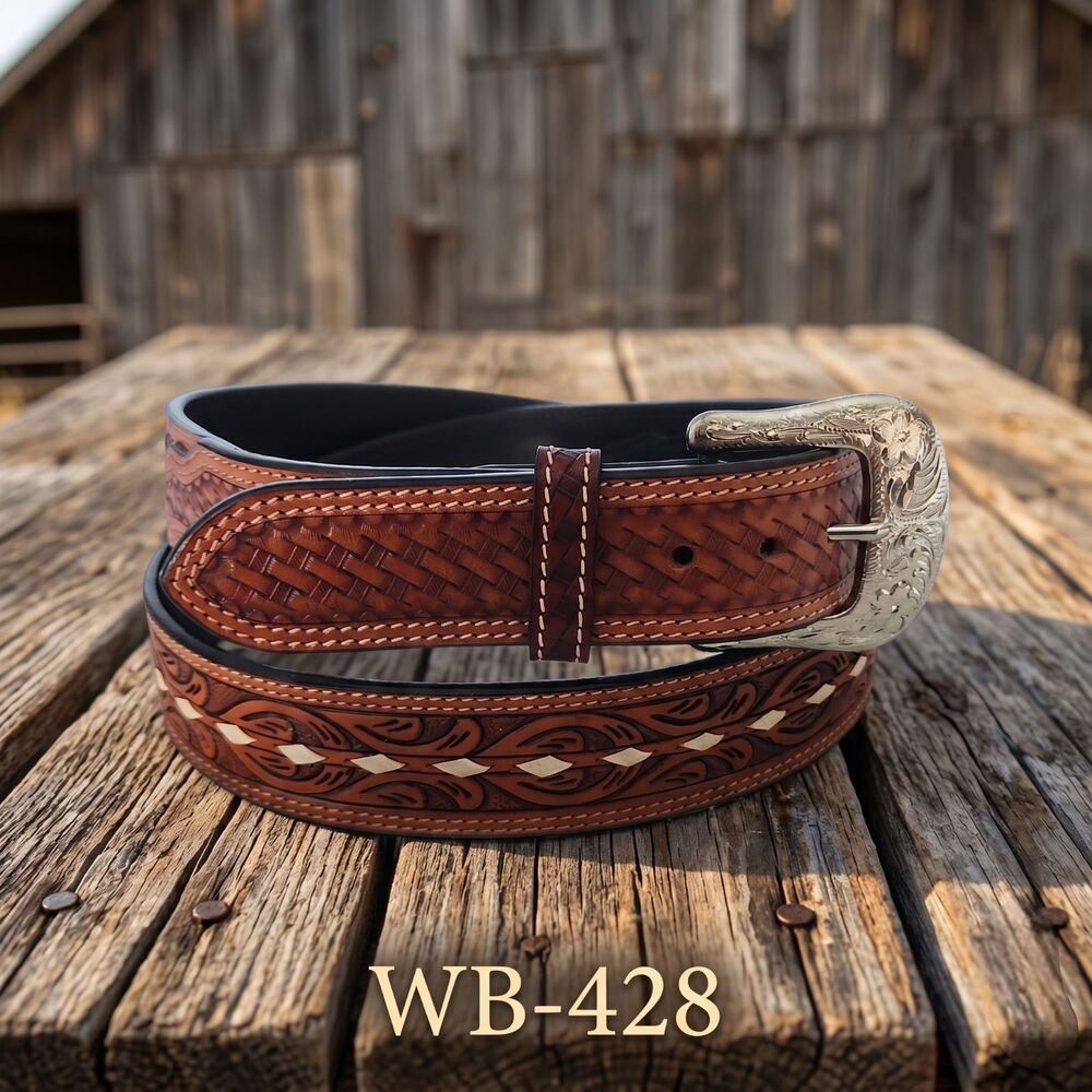 WB-428 Western Cognac Leather Belt Rawhide Center Buck Laced Size 38 40 42 44 46